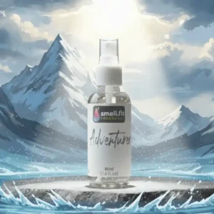 A spray bottle of "Adventurer" fragrance with a black and white label, set on a dark, jagged rock face. The background is a severe, high-contrast mountainside with sharp edges and minimal color, dramatically lit by a harsh, bright spotlight shining directly onto the front of the bottle, emphasizing resilience and exploration.