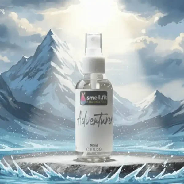 A spray bottle of "Adventurer" fragrance with a black and white label, set on a dark, jagged rock face. The background is a severe, high-contrast mountainside with sharp edges and minimal color, dramatically lit by a harsh, bright spotlight shining directly onto the front of the bottle, emphasizing resilience and exploration.