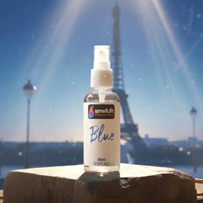 A high-end, blue-themed product shot of a clear fragrance spray bottle with a "smell.fit FRAGRANCE Blue" label, standing on a rough stone pedestal. The background is a soft-focus, dramatic blue twilight scene of Paris, featuring the illuminated Eiffel Tower and classical stone architecture, emphasizing a luxurious and French-inspired aesthetic.