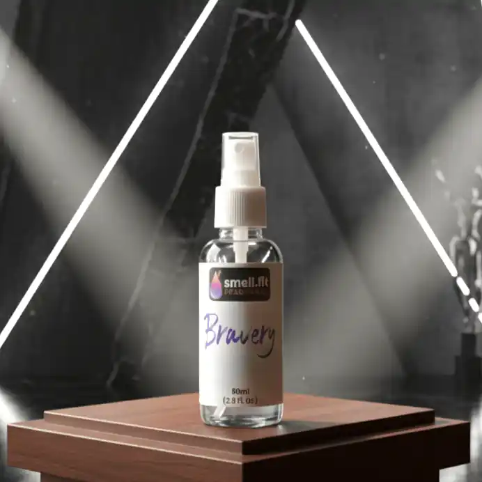 A high-end, clear glass aftershave spray bottle with a white cap sits on a rocky pedestal in the middle of a dark, stormy, and majestic sea. The background features sharp, dark, jagged mountains under a dramatic sky with stark lighting and flashes of lightning, conveying a sense of manliness, strength, and power. The bottle has a white label that reads "smell.fit FRAGRANCE" at the top and "Eventus" below it in bold, black script, with "80ml (2.8 FL OZ)" at the bottom. The overall mood is intense, luxurious, and rugged.