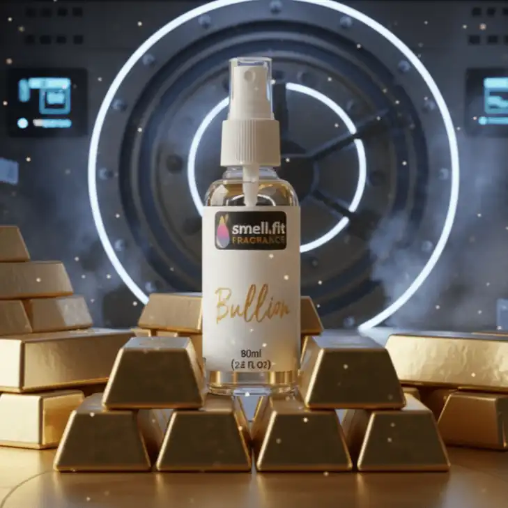 A close-up shot of a clear spray bottle of "Bullion" fragrance with a white label, centered on a luxurious, masculine background. The background features stacks of golden bullion bars and a large, intricate golden vault door or gear mechanism in the back, all rendered in rich, dark gold tones.
