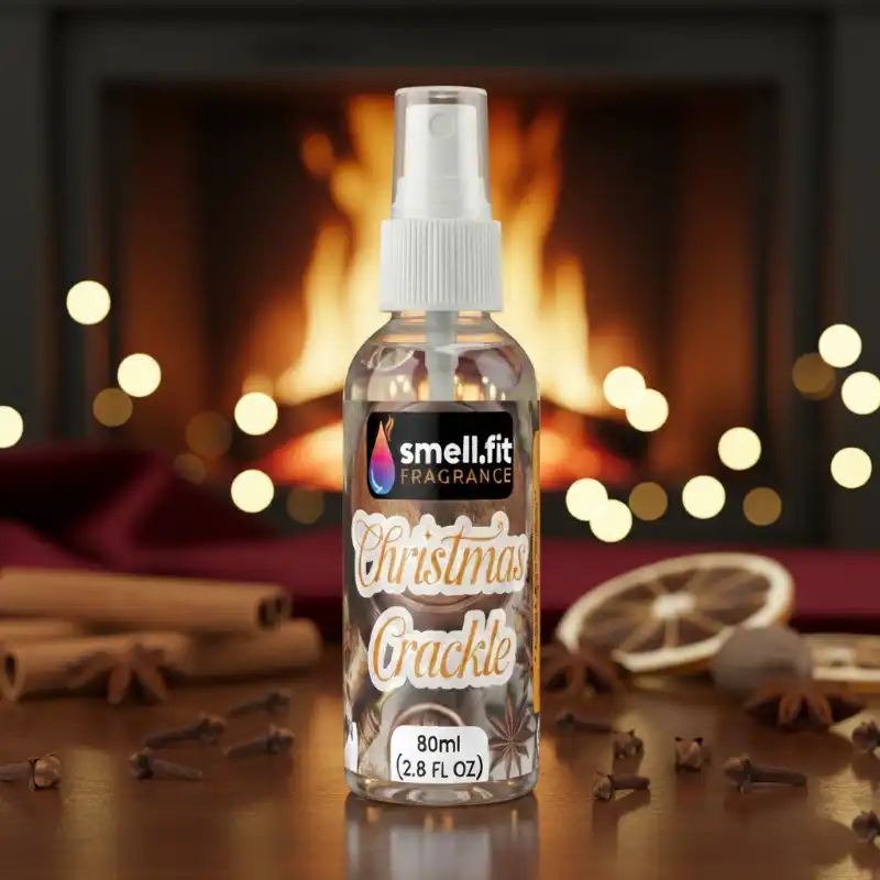 A clear spray bottle of SMELL.FIT FRAGRANCE Christmas Crackle home spray (80ml) standing on a table. In the foreground are cinnamon sticks, star anise, and cloves. In the blurred background, a warm fireplace glows with bokeh lights.