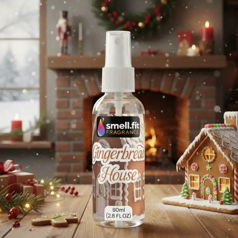 A clear spray bottle of SMELL.FIT FRAGRANCE Gingerbread House home spray (80ml) standing on a wooden table. In the background is a cozy, holiday-themed scene featuring a lit fireplace, snowy window, Christmas wreath, and an actual gingerbread house.