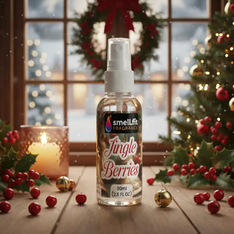 A clear spray bottle of SMELL.FIT FRAGRANCE Jingle Berries home spray (80ml) standing on a wooden surface. The scene is festive, featuring scattered holly berries, small jingle bells, a glowing candle, and a window with a Christmas wreath and a decorated tree in the background.