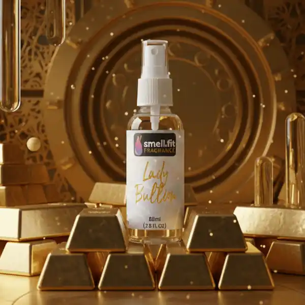 A professional product photograph featuring a clear spray bottle containing light-colored liquid, labeled with a "Lady Bullion" fragrance label. The label uses dark colors and bold, stylized gold text to evoke a luxurious, rich theme. The bottle is centrally placed in a modern setting, surrounded by several polished gold bullion bars, highlighting the opulent and valuable theme of the product. The background is dark and moody, enhancing the shine and prominence of the gold elements.