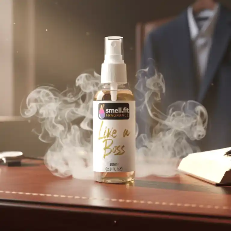 A bottle of "Like a Boss" fragrance with a black and white label, set against a sleek, modern, and professional backdrop. The scene evokes a successful corporate environment, featuring a dark wood desk, a subtle leather texture, and a cityscape view visible through a window, suggesting ambition and refinement suitable for an aftershave advertisement.