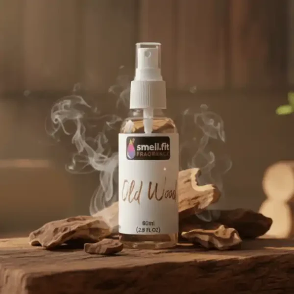 A spray bottle of "Old Wood" fragrance with a white label, centered on a rustic wooden block. Around the bottle are pieces of dark, textured oud wood and wisps of white smoke, creating an earthy and woody ambiance. In the background, there are stacked logs and some green leaves, enhancing the natural, forest-like theme.