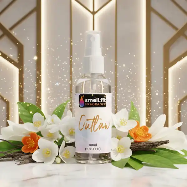 Elegant, bright product photo of the Outlaw fragrance spray bottle. The clear bottle with a white and colorful label is set against a stylish, brightly lit background