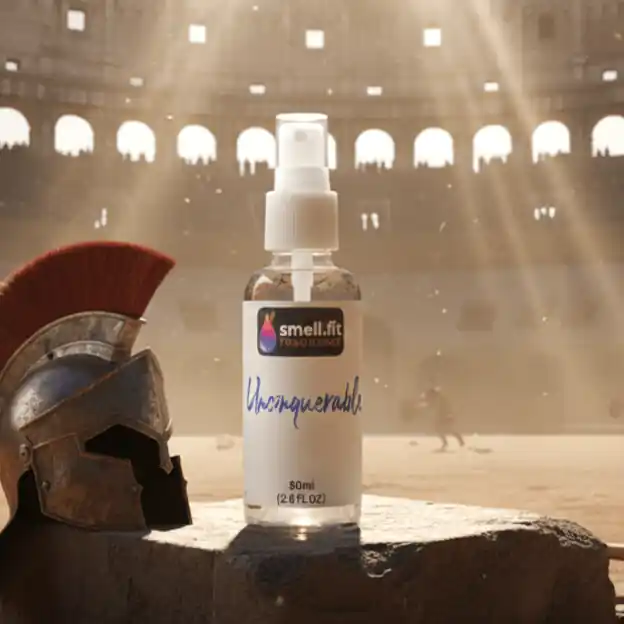 A high-end, clear glass aftershave spray bottle with a white cap stands on a dusty, sandy, cracked earthen floor, suggesting an ancient arena or desert. The bottle features a white label with "smell.fit FRAGRANCE" at the top and "Unconquerable" written prominently in orange and white script below it, with "80ml (2.8 FL OZ)" at the bottom. To the right of the bottle, a discarded bronze or weathered metal gladiator helmet rests on the ground, hinting at themes of ancient Roman warfare, strength, and victory. The scene is illuminated by stark, directional light, creating deep shadows and emphasizing the rugged texture of the ground and the contrast between the modern bottle and the historical setting.