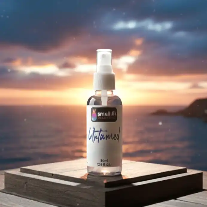 A clear glass aftershave spray bottle with a white cap sits on a dark wooden surface, positioned slightly to the right of the frame's center. The bottle has a white label with "smell.fit FRAGRANCE" at the top and "Untamed" written prominently in blue script below it, with "80ml (2.8 FL OZ)" at the bottom. The label is well-lit, making the text clearly visible. The background features a stunning sunset over a vast ocean, with deep blue clouds gradually transitioning to bright orange sunlight near the horizon. A distant landmass is visible on the right.