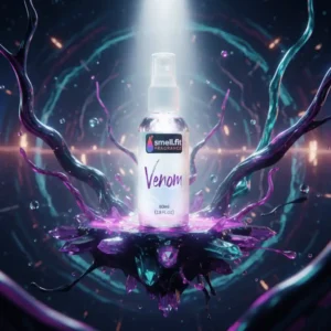 A small, transparent spray bottle with a white label reading "smell.fit FRAGRANCE Venom 80ml (2.8 FL.OZ)" sits prominently on a bed of glowing purple and teal crystals. The bottle is brightly illuminated by a spotlight, contrasting with the dark, sci-fi-inspired background featuring abstract light rings and tendrils.