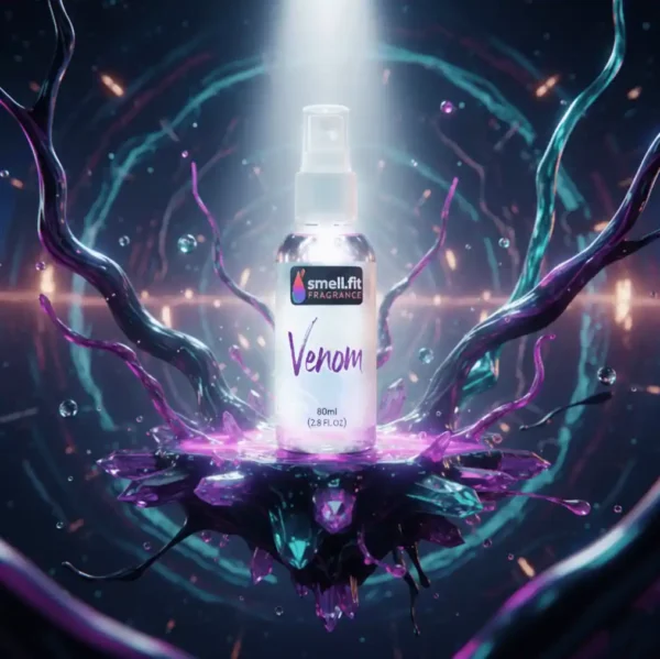 A small, transparent spray bottle with a white label reading "smell.fit FRAGRANCE Venom 80ml (2.8 FL.OZ)" sits prominently on a bed of glowing purple and teal crystals. The bottle is brightly illuminated by a spotlight, contrasting with the dark, sci-fi-inspired background featuring abstract light rings and tendrils.