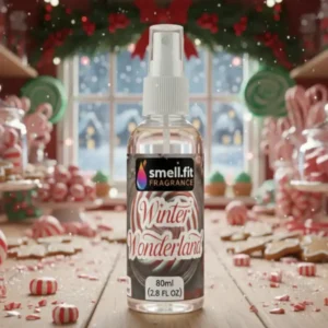 A clear spray bottle of SMELL.FIT FRAGRANCE Winter Wonderland home spray (80ml) centered in a festive, candy-themed scene. The background is a sweet shop or kitchen filled with gingerbread cutouts, peppermint candies, lollipops, and snow falling outside the window.