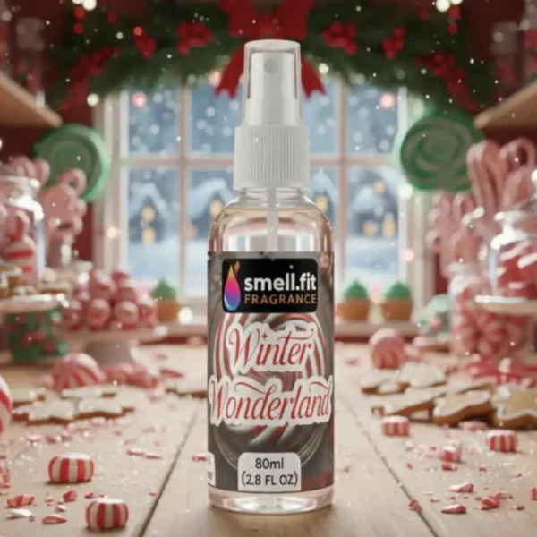 A clear spray bottle of SMELL.FIT FRAGRANCE Winter Wonderland home spray (80ml) centered in a festive, candy-themed scene. The background is a sweet shop or kitchen filled with gingerbread cutouts, peppermint candies, lollipops, and snow falling outside the window.