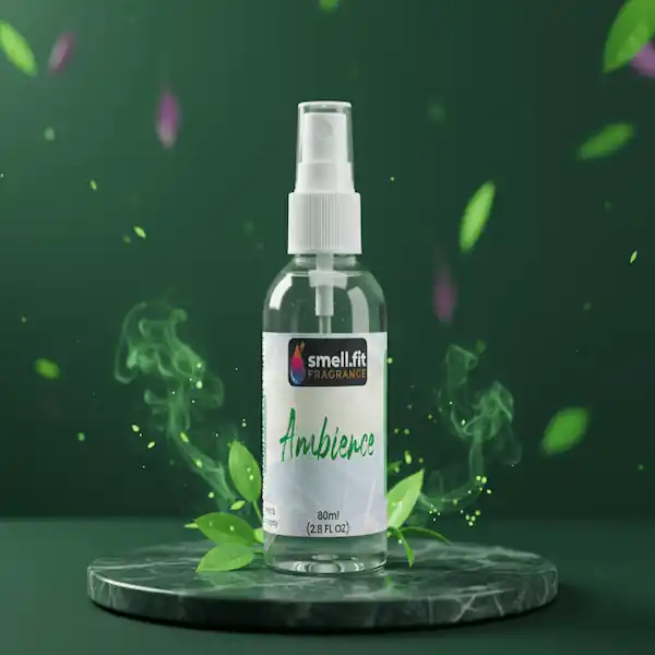 Product image of Smell.fit Fragrance 'Ambience' 80ml (2.8 FL OZ) mist spray bottle on a marble pedestal with a dark green background, surrounded by floating green leaves and green smoke/mist effect.