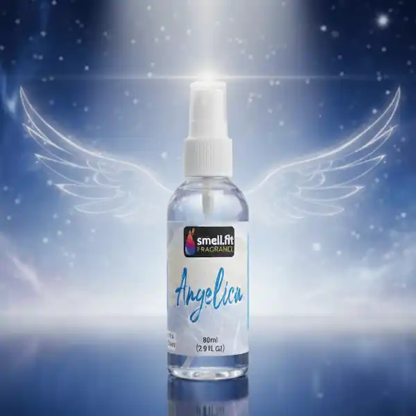 Product image of Smell.fit Fragrance 'Angelica' 80ml (2.9 FL OZ) mist spray bottle. The bottle is centered against a glowing blue, celestial background with light effects forming ethereal angel wings behind it.
