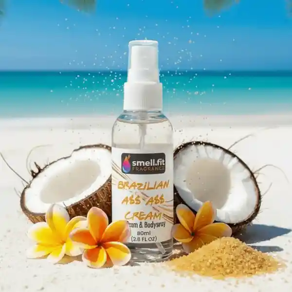 Product image of Smell.fit Fragrance 'Brazilian Cream Room & Bodyspray' 80ml (2.8 FL OZ) mist spray bottle. The scene is set on a sunny beach with blue water, and the bottle is flanked by halved coconuts, yellow and orange frangipani flowers, and a small pile of brown sugar.
