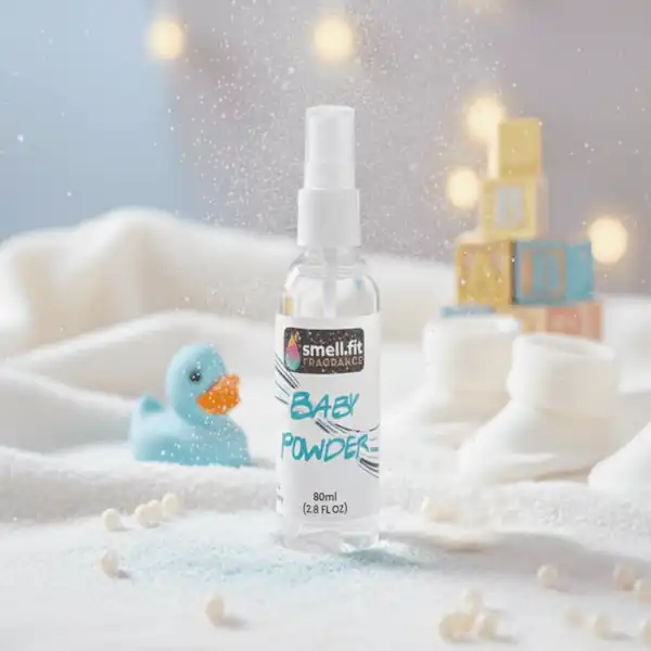 Product image of Smell.fit Fragrance 'Baby Powder' 80ml (2.8 FL OZ) mist spray bottle. It is placed on a soft, white blanket surface with a blurred background featuring baby items, including a blue rubber ducky, white booties, stacking blocks, and scattered white beads.