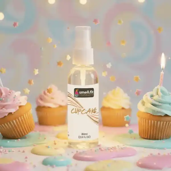 Product image of Smell.fit Fragrance 'Cupcake' 80ml (2.8 FL OZ) mist spray bottle. The bottle is featured on a pastel background surrounded by colorful frosted cupcakes (pink, yellow, and blue/mint), sprinkles, and star candies, with one cupcake holding a lit birthday candle.