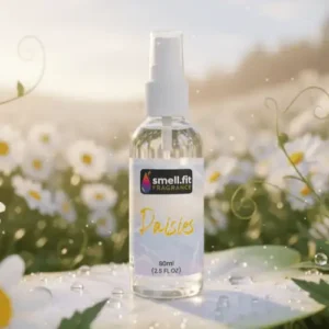 Product image of Smell.fit Fragrance 'Daisies' 80ml (2.9 FL OZ) mist spray bottle. The bottle is set on a dewy surface with water droplets, against a soft-focus background of bright white daisy flowers in a sunlit field.