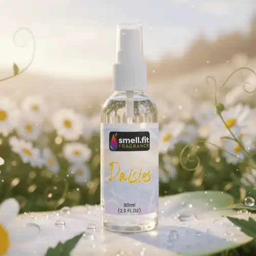 Daisies - Inspired by Daisy Product image of Smell.fit Fragrance 'Daisies' 80ml (2.9 FL OZ) mist spray bottle. The bottle is set on a dewy surface with water droplets, against a soft-focus background of bright white daisy flowers in a sunlit field.