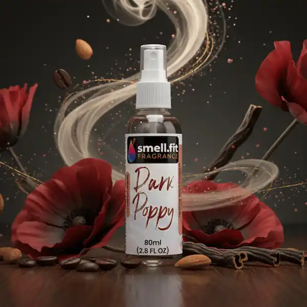 A close-up product photo of a small, clear spray bottle containing a light yellow liquid, with a Dark Poppy fragrance label applied to the front. The label is white with brown script for the scent name and includes branding, volume, ingredient, and warning information. The bottle is set against a dynamic, stylish background that includes subtle dark and reddish-brown tones, possibly with elements suggesting the scent notes like dark florals or woods, creating a luxurious and modern atmosphere for a perfume product shot.