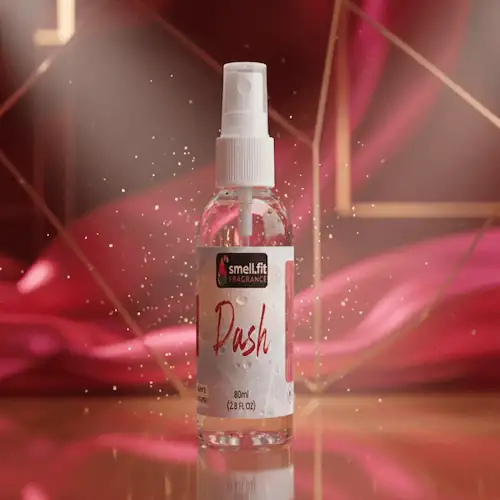 Product image of Smell.fit Fragrance 'Dash' 80ml (2.8 FL OZ) mist spray bottle. The bottle is presented against a shimmering, luxurious background of flowing pink or magenta fabric, accented with sparkling golden geometric lines.