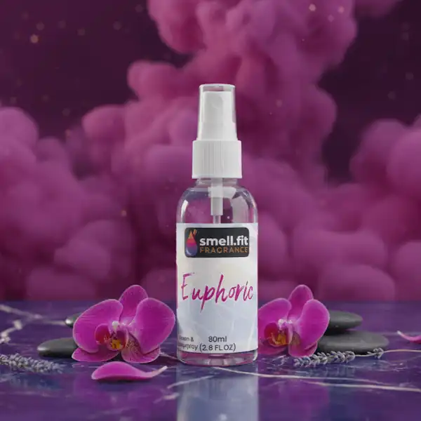 Product image of Smell.fit Fragrance 'Euphoric Room & Bodyspray' 80ml (2.8 FL OZ) mist spray bottle. The scene features the bottle with two vibrant magenta orchid flowers, black spa stones, and dried lavender sprigs, set against a background of dramatic purple or pink smoke.