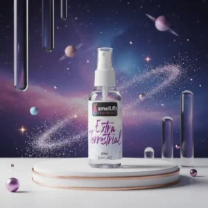 A product photograph of a clear spray bottle containing light-colored liquid, labeled with a dark-themed label for "Extraterrestrial" scent. The label features vibrant, space-themed colors (purples, blues, pinks) with a logo, scent name, volume, and regulatory information. The bottle is set against a modern, space-themed background, featuring dark, ethereal colors, subtle starlight, and cosmic elements, creating a professional and stunning aesthetic for a fragrance product shot.