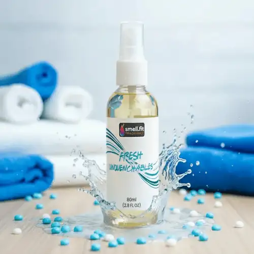 Fresh Unquenchables (Inspired by Lenor Unstoppables FRESH) - Room/Laundry Spray - 80ml Product image of Smell.fit Fragrance 'Fresh Unquenchables' 80ml (2.8 FL OZ) mist spray bottle. The bottle is featured amidst a splash of water, surrounded by blue and white scented laundry booster beads, with soft-focus blue and white towels in the background.