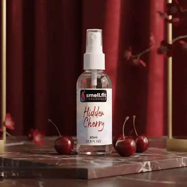 Product image of Smell.fit Fragrance 'Hidden Cherry' 80ml (2.8 FL OZ) mist spray bottle. The bottle is placed on a glossy red marble surface and surrounded by several fresh dark red cherries, set against a luxurious, draped dark red velvet or silk background.
