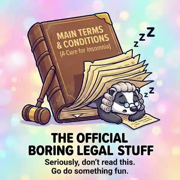 A weary-looking badger resting its head on a large stack of paper documents. Above the badger, the text reads "TERMS & CONDITIONS," and below it says "Bla Bla Bla..." referencing boring legal text.