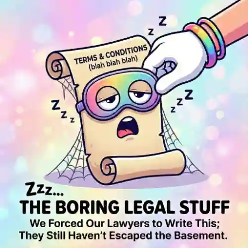 colourful and fun image showing a cartoon hand grasping at a bored looking legal document above text reading 'The boring legal stuff' then 'We forced our lawyers to write this, they still haven't escaped the basement'