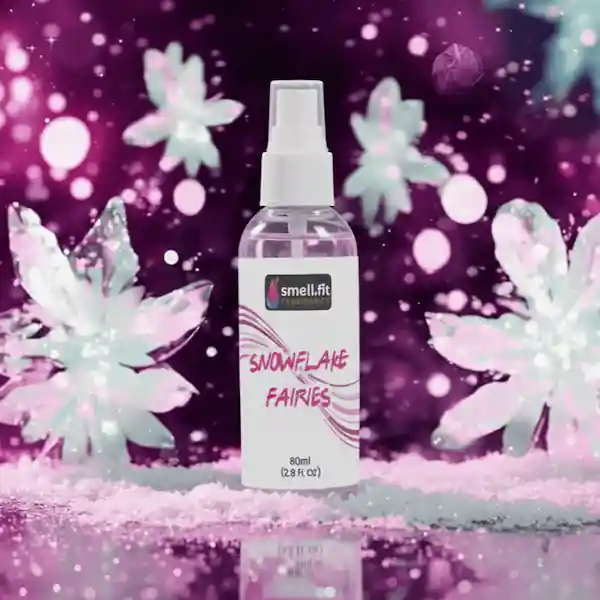Product image of Smell.fit Fragrance 'Snowflake Fairies' 80ml (2.8 FL OZ) mist spray bottle. The bottle is set on a glittering, snowy surface against a magical, blurred pink and purple background with large, stylized, glowing white snowflakes and bokeh lights.