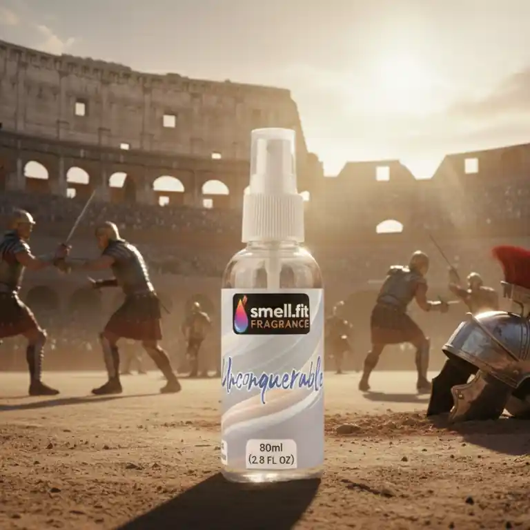 A high-end, clear glass aftershave spray bottle with a white cap stands on a dusty, sandy, cracked earthen floor, suggesting an ancient arena or desert. The bottle features a white label with "smell.fit FRAGRANCE" at the top and "Unconquerable" written prominently in orange and white script below it, with "80ml (2.8 FL OZ)" at the bottom. To the right of the bottle, a discarded bronze or weathered metal gladiator helmet rests on the ground, hinting at themes of ancient Roman warfare, strength, and victory. The scene is illuminated by stark, directional light, creating deep shadows and emphasizing the rugged texture of the ground and the contrast between the modern bottle and the historical setting.