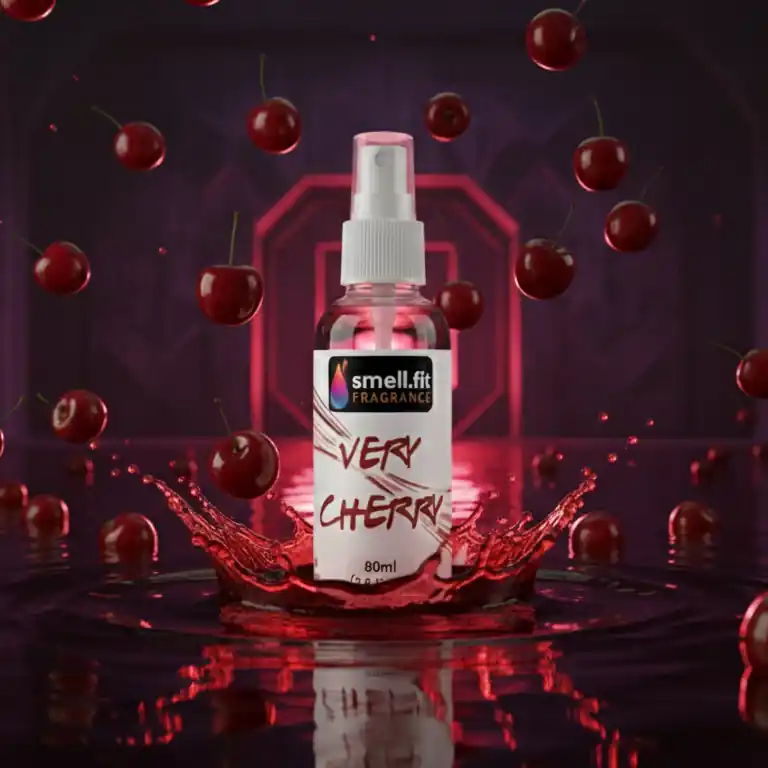 A striking, dark, and dramatic product image for "smell.fit FRAGRANCE VERY CHERRY," featuring a clear spray bottle centered on a dark, reflective, liquid surface. The bottle is surrounded by a dynamic red liquid splash and several realistic, red cherries that appear to be floating, falling, or resting on the surface. The background is dark with deep red/magenta lighting, giving a mysterious and intense ambiance.