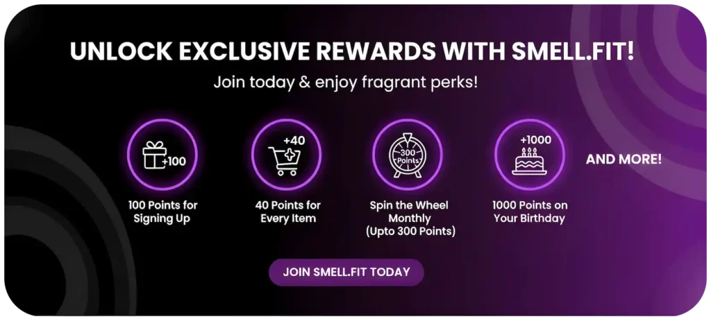 Hero banner for Smell.Fit's rewards program. Black and purple design. Text reads: 'Unlock Exclusive Rewards with Smell.Fit!' The banner highlights four perks: 100 points for signing up, 40 points for every item ordered, spin the wheel monthly (up to 300 points), and 1000 points on your birthday, plus 'And more!'.